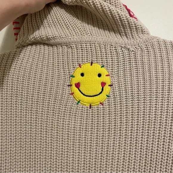 NWT Kerri Rosenthal Long Open Front Cream Cardigan Smiley Face XL - Picture 6 of 15